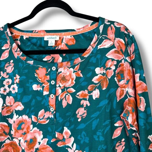Sundance Rosey Delights Green Peachy Floral Cotton Henley Long Sleeve Top Large - Picture 3 of 8
